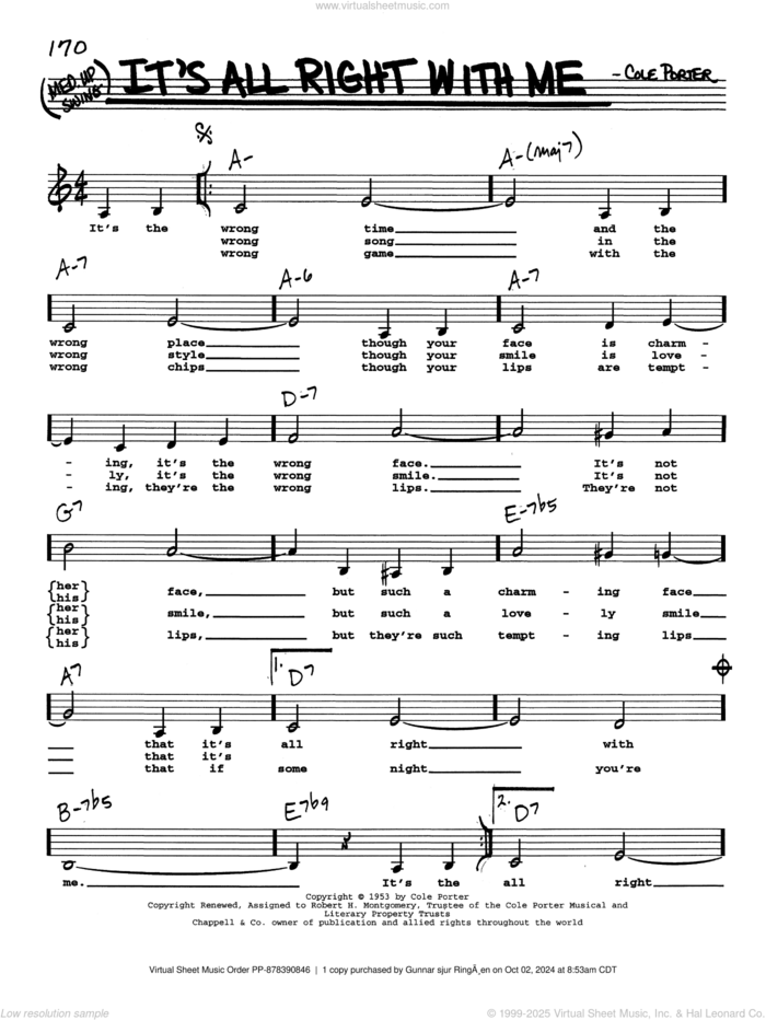 It's All Right With Me (Low Voice) sheet music for voice and other instruments (real book with lyrics) by Cole Porter, intermediate skill level