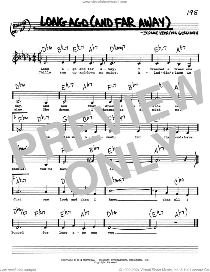 Long Ago (And Far Away) (Low Voice) sheet music for voice and other instruments (real book with lyrics) by Ira Gershwin and Jerome Kern, intermediate skill level