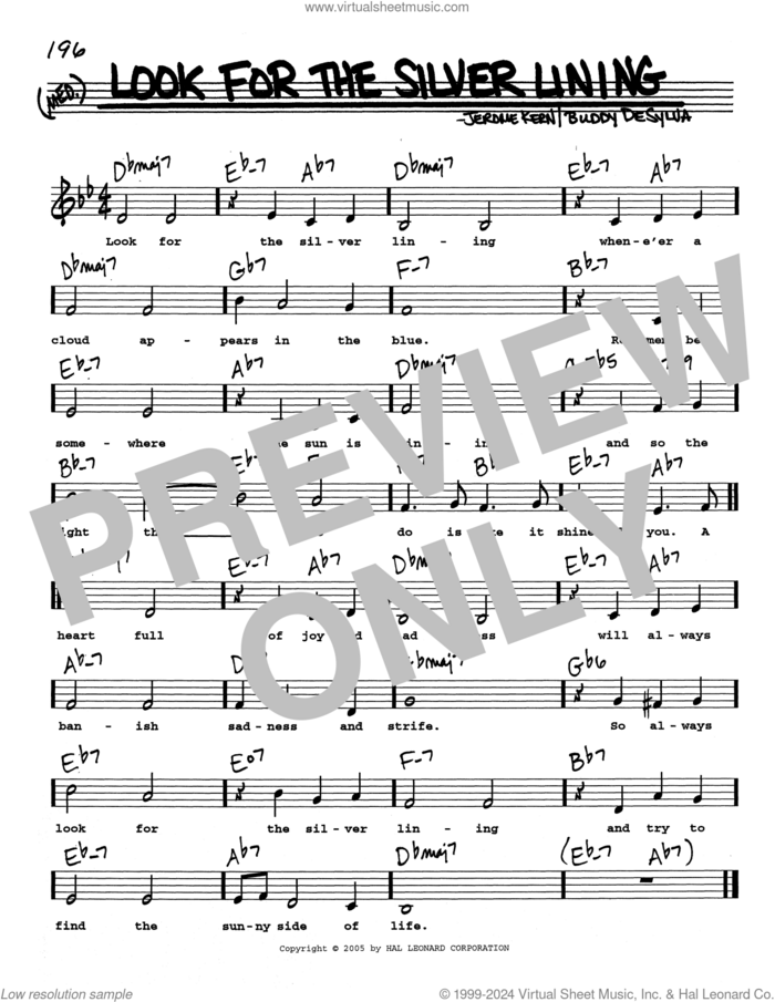 Look For The Silver Lining (Low Voice) sheet music for voice and other instruments (real book with lyrics) by Jerome Kern and Buddy DeSylva, intermediate skill level