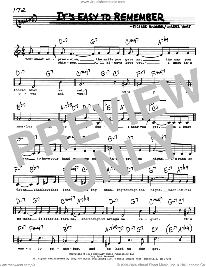 It's Easy To Remember (Low Voice) sheet music for voice and other instruments (real book with lyrics) by Richard Rodgers, Lorenz Hart and Rodgers & Hart, intermediate skill level