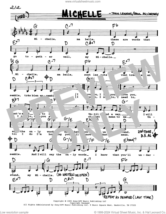 Michelle (Low Voice) sheet music for voice and other instruments (real book with lyrics) by The Beatles, John Lennon and Paul McCartney, intermediate skill level
