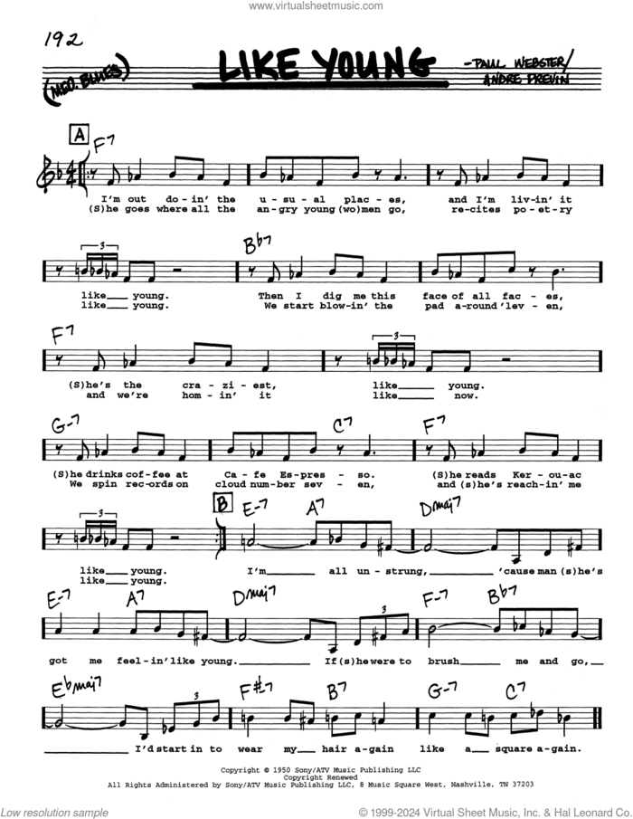 Like Young (Low Voice) sheet music for voice and other instruments (real book with lyrics) by Paul Francis Webster and Andre Previn, intermediate skill level