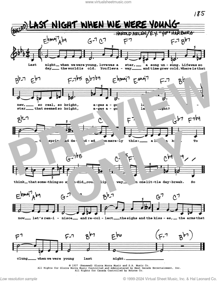 Last Night When We Were Young (Low Voice) sheet music for voice and other instruments (real book with lyrics) by Harold Arlen and E.Y. Harburg, intermediate skill level