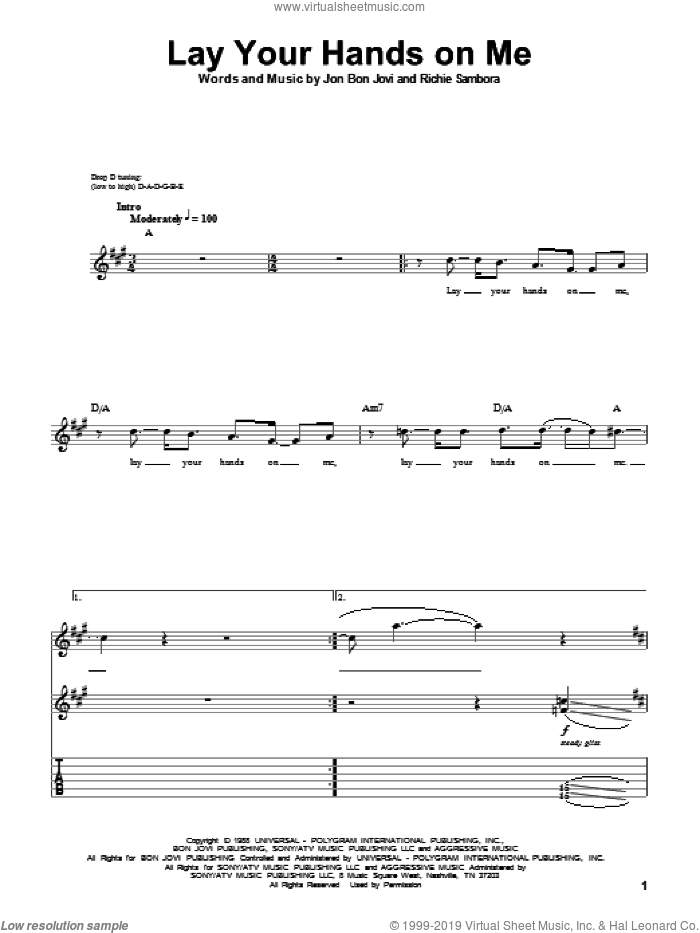 Lay Your Hands On Me sheet music for guitar (tablature, play-along) by Bon Jovi and Richie Sambora, intermediate skill level