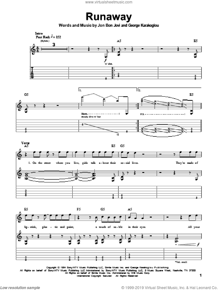 Runaway sheet music for guitar (tablature, play-along) by Bon Jovi and George Karak, intermediate skill level