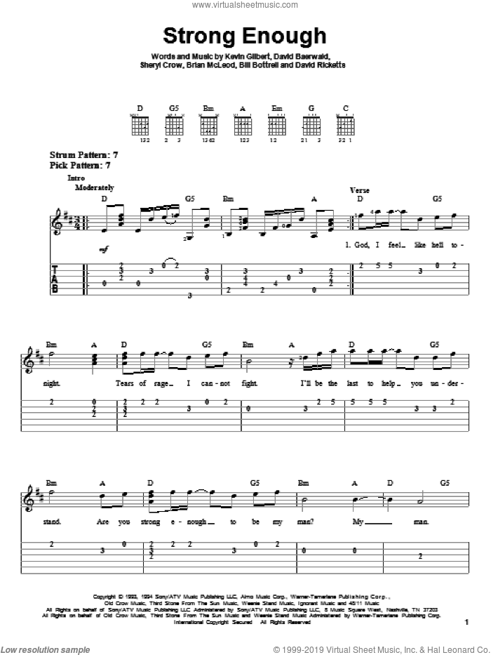 Strong Enough sheet music for guitar solo (easy tablature) by Sheryl Crow, Bill Bottrell, Brian MacLeod, David Baerwald, David Ricketts and Kevin Gilbert, easy guitar (easy tablature)