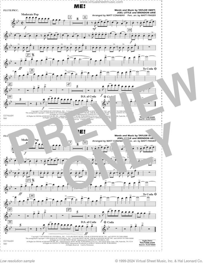 Me! (arr. Conaway/Finger) sheet music for marching band (flute/piccolo) by Taylor Swift, Matt Conaway, Matt Finger, Brendon Urie and Joel Little, intermediate skill level