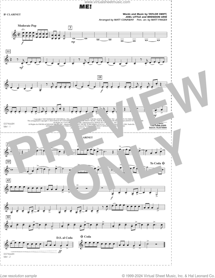 Me! (arr. Conaway/Finger) sheet music for marching band (Bb clarinet) by Taylor Swift, Matt Conaway, Matt Finger, Brendon Urie and Joel Little, intermediate skill level