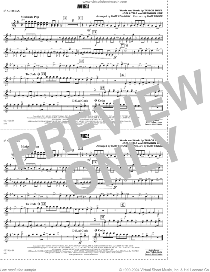 Me! (arr. Conaway/Finger) sheet music for marching band (Eb alto sax) by Taylor Swift, Matt Conaway, Matt Finger, Brendon Urie and Joel Little, intermediate skill level