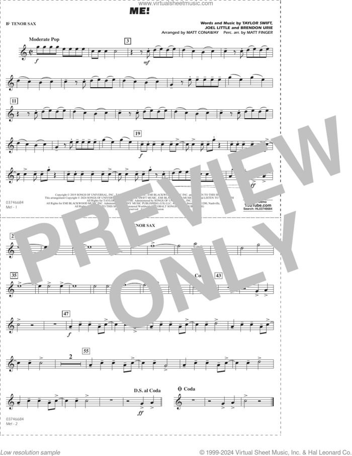 Me! (arr. Conaway/Finger) sheet music for marching band (Bb tenor sax) by Taylor Swift, Matt Conaway, Matt Finger, Brendon Urie and Joel Little, intermediate skill level
