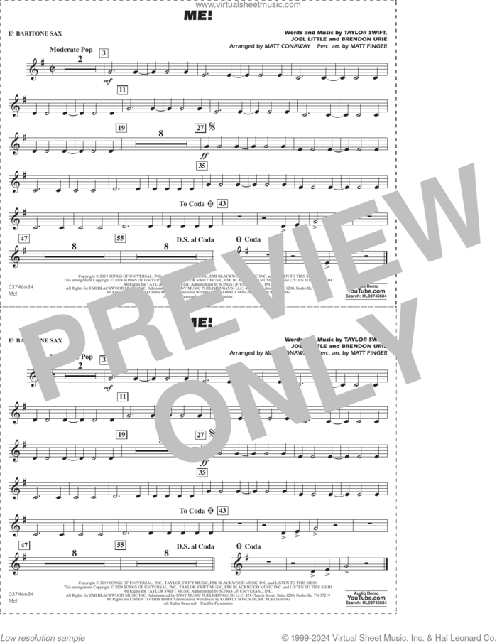 Me! (arr. Conaway/Finger) sheet music for marching band (Eb baritone sax) by Taylor Swift, Matt Conaway, Matt Finger, Brendon Urie and Joel Little, intermediate skill level