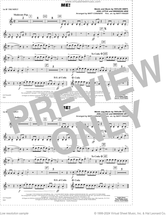 Me! (arr. Conaway/Finger) sheet music for marching band (1st Bb trumpet) by Taylor Swift, Matt Conaway, Matt Finger, Brendon Urie and Joel Little, intermediate skill level