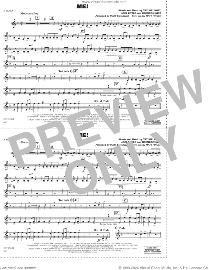 Me! (arr. Conaway/Finger) sheet music for marching band (f horn) by Taylor Swift, Matt Conaway, Matt Finger, Brendon Urie and Joel Little, intermediate skill level