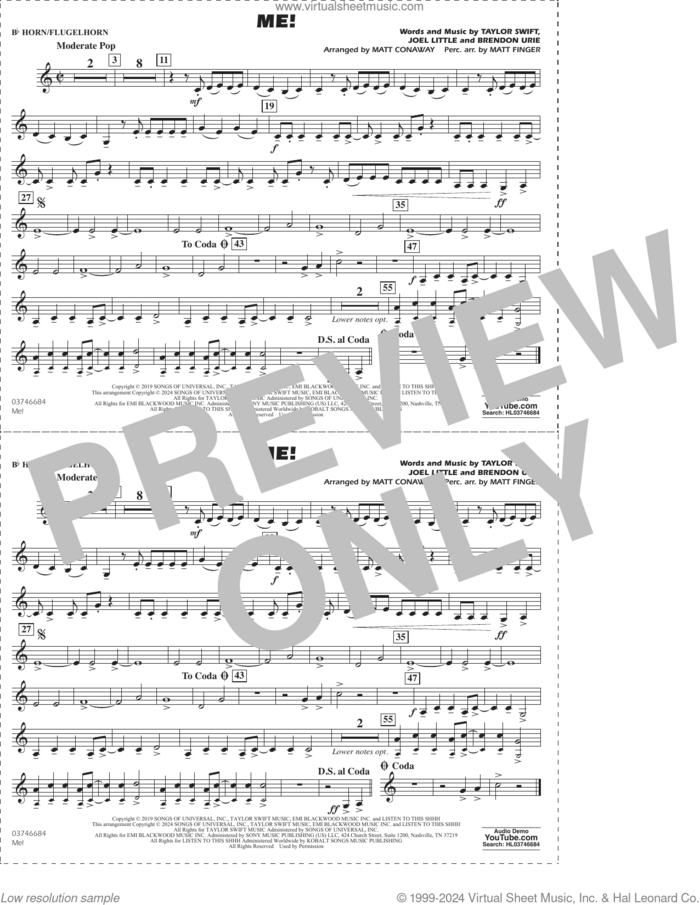 Me! (arr. Conaway/Finger) sheet music for marching band (Bb horn/flugelhorn) by Taylor Swift, Matt Conaway, Matt Finger, Brendon Urie and Joel Little, intermediate skill level