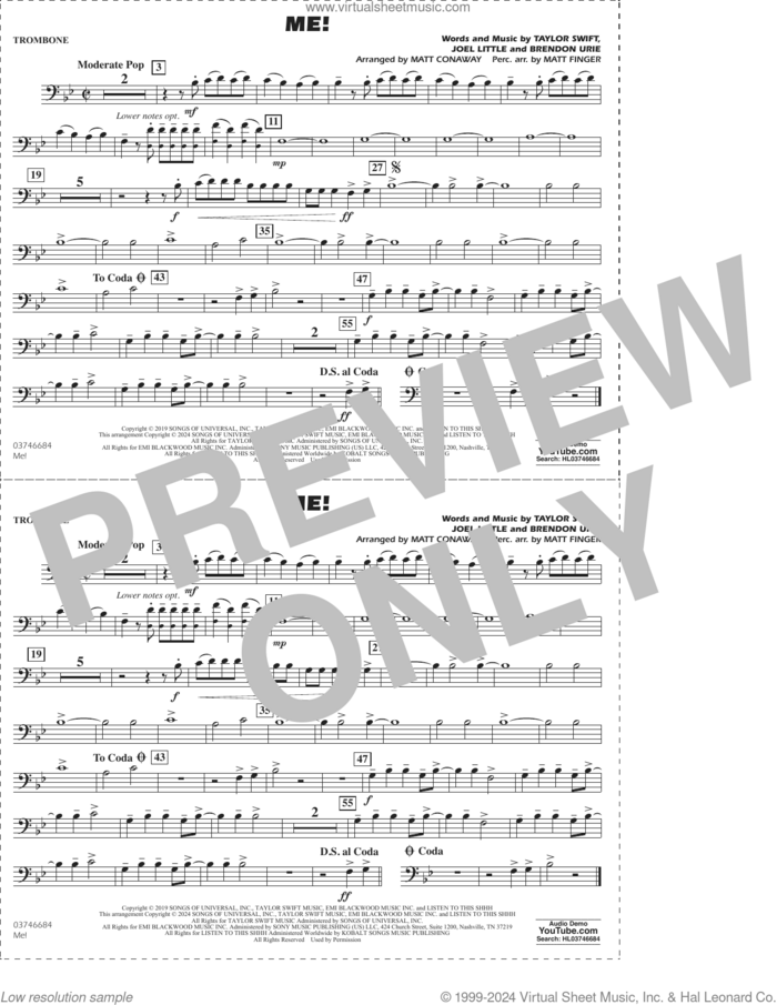 Me! (arr. Conaway/Finger) sheet music for marching band (trombone) by Taylor Swift, Matt Conaway, Matt Finger, Brendon Urie and Joel Little, intermediate skill level