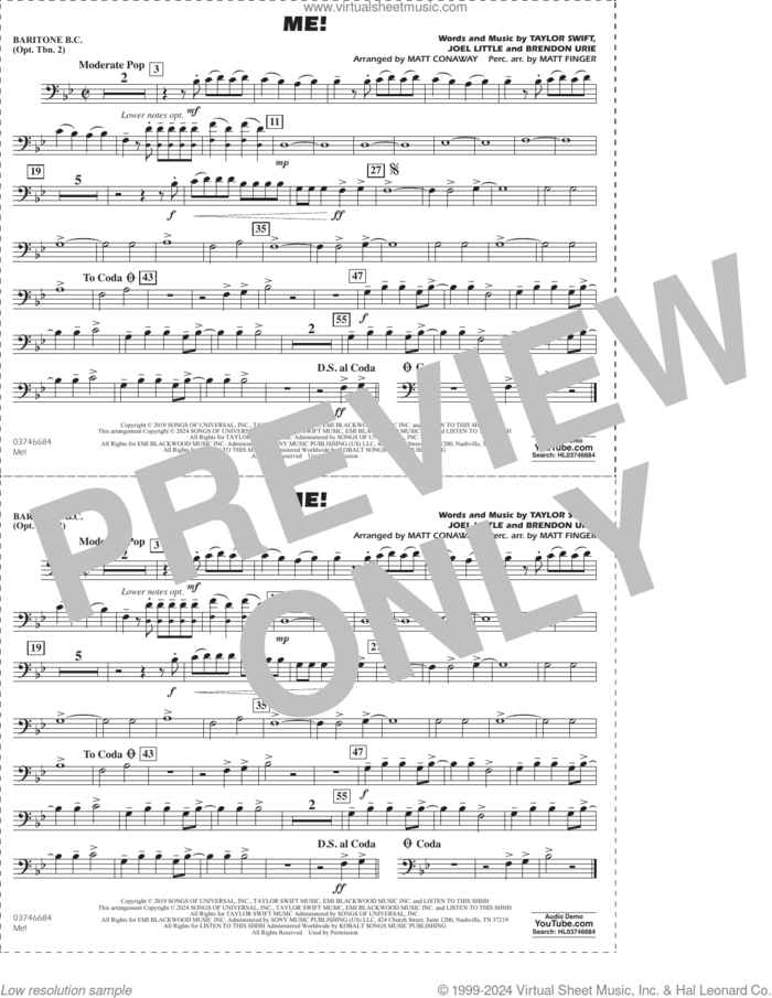 Me! (arr. Conaway/Finger) sheet music for marching band (baritone b.c., opt. tbn. 2) by Taylor Swift, Matt Conaway, Matt Finger, Brendon Urie and Joel Little, intermediate skill level