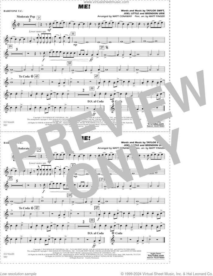 Me! (arr. Conaway/Finger) sheet music for marching band (baritone t.c.) by Taylor Swift, Matt Conaway, Matt Finger, Brendon Urie and Joel Little, intermediate skill level
