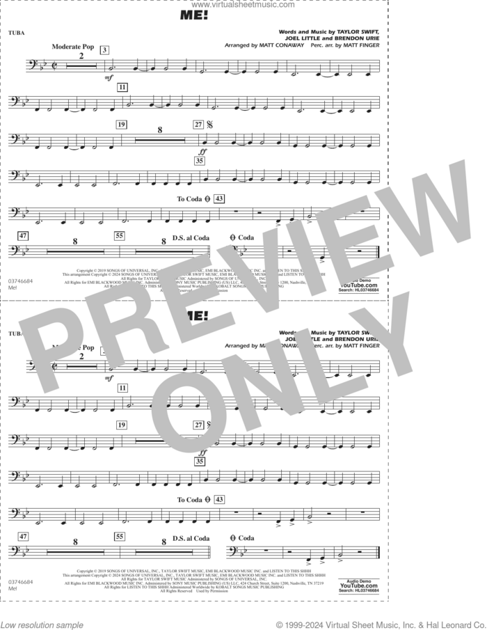 Me! (arr. Conaway/Finger) sheet music for marching band (tuba) by Taylor Swift, Matt Conaway, Matt Finger, Brendon Urie and Joel Little, intermediate skill level