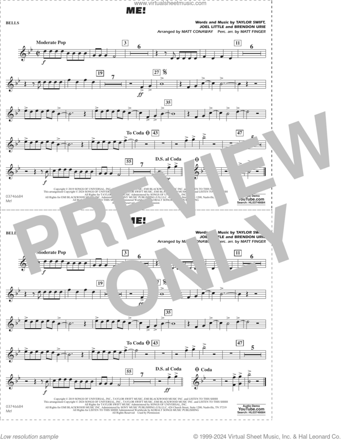 Me! (arr. Conaway/Finger) sheet music for marching band (bells) by Taylor Swift, Matt Conaway, Matt Finger, Brendon Urie and Joel Little, intermediate skill level