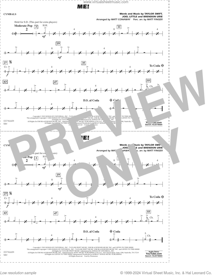 Me! (arr. Conaway/Finger) sheet music for marching band (cymbals) by Taylor Swift, Matt Conaway, Matt Finger, Brendon Urie and Joel Little, intermediate skill level