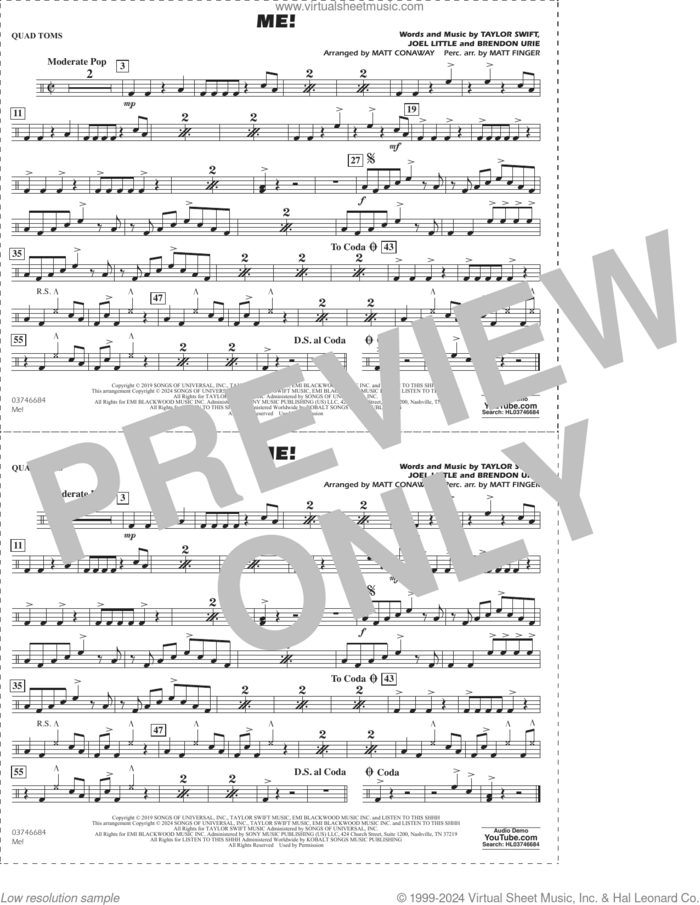 Me! (arr. Conaway/Finger) sheet music for marching band (quad toms) by Taylor Swift, Matt Conaway, Matt Finger, Brendon Urie and Joel Little, intermediate skill level