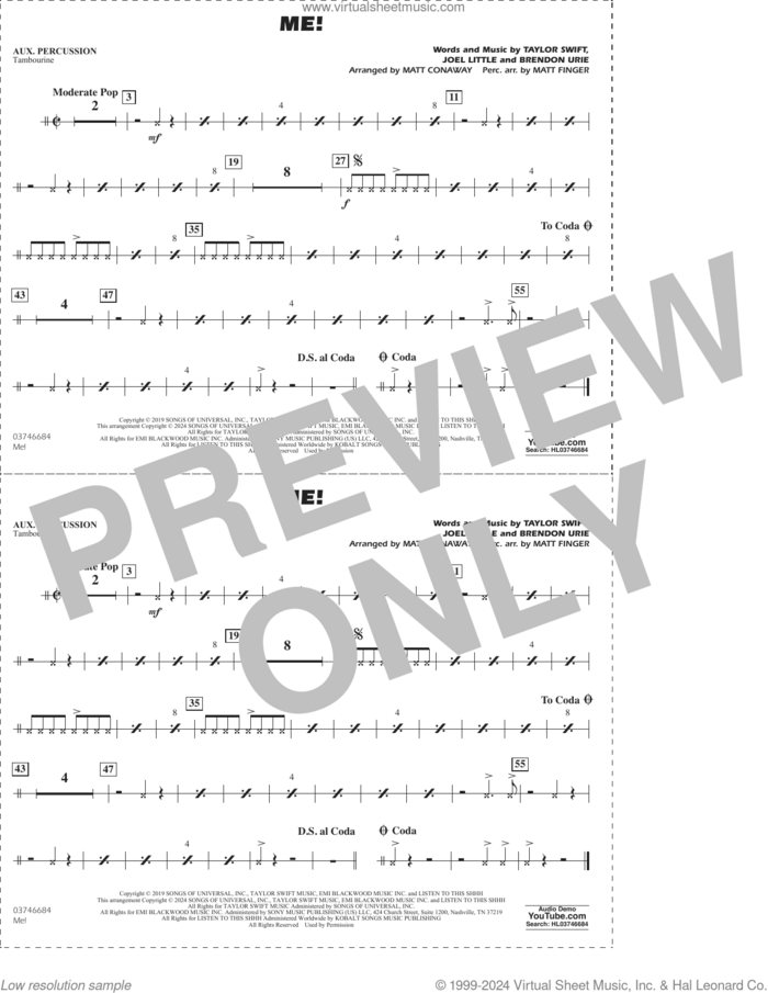 Me! (arr. Conaway/Finger) sheet music for marching band (aux percussion) by Taylor Swift, Matt Conaway, Matt Finger, Brendon Urie and Joel Little, intermediate skill level