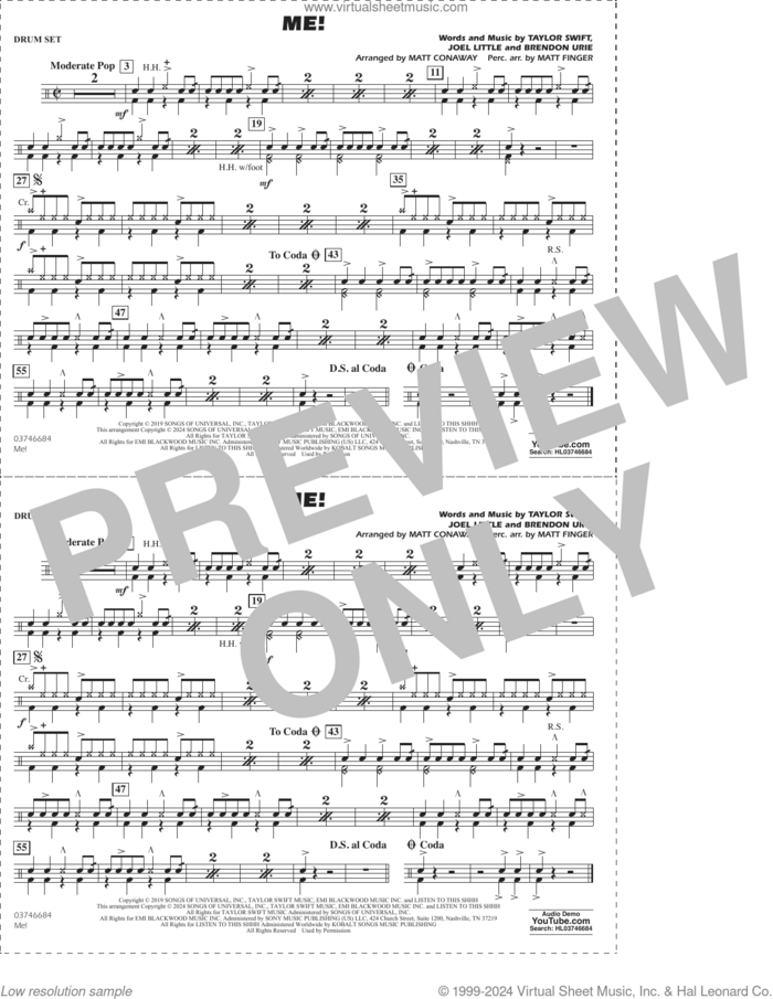 Me! (arr. Conaway/Finger) sheet music for marching band (drum set) by Taylor Swift, Matt Conaway, Matt Finger, Brendon Urie and Joel Little, intermediate skill level