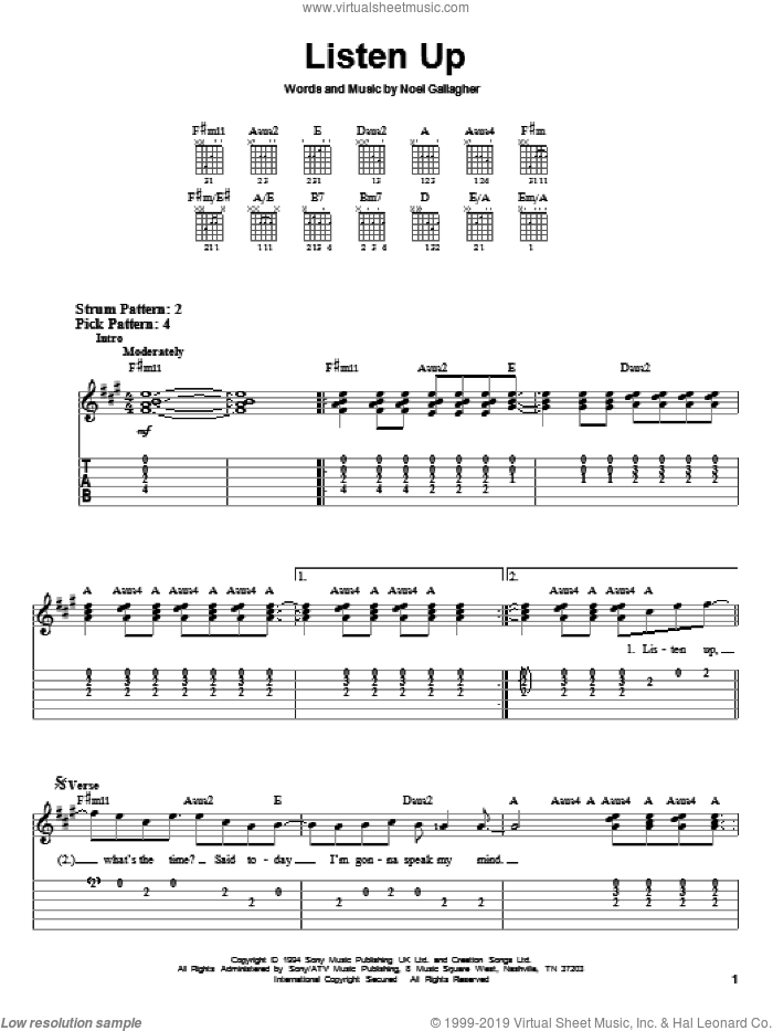 Listen Up sheet music for guitar solo (easy tablature) by Oasis and Noel Gallagher, easy guitar (easy tablature)