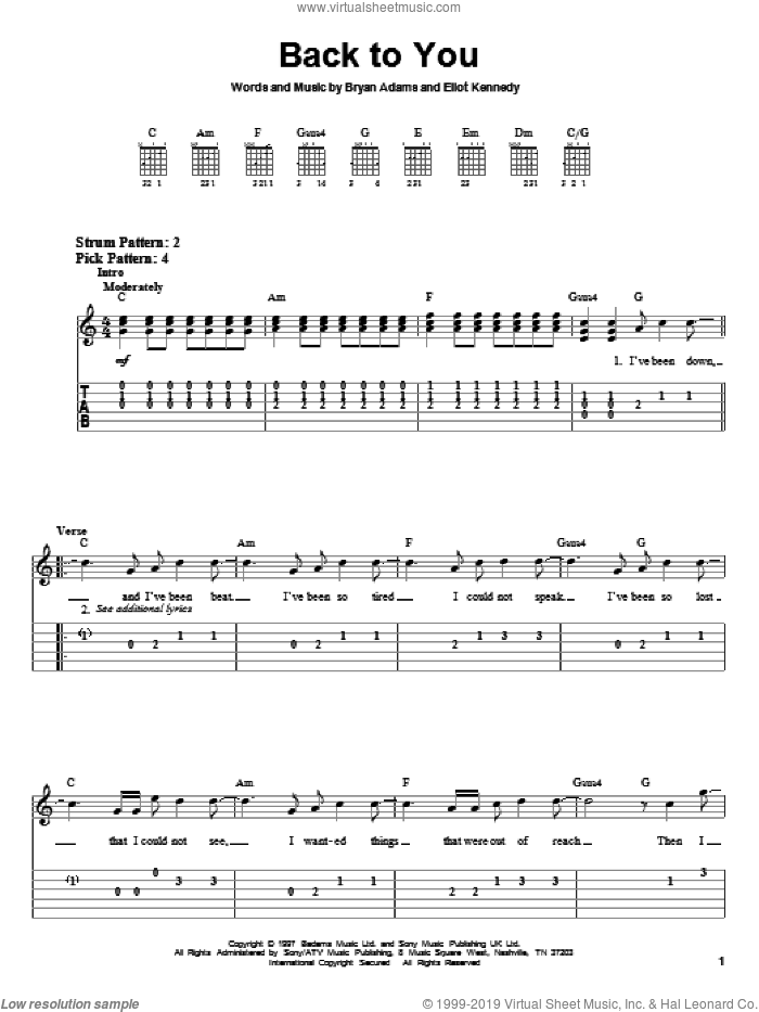 Back To You sheet music for guitar solo (easy tablature) by Bryan Adams and Eliot Kennedy, easy guitar (easy tablature)