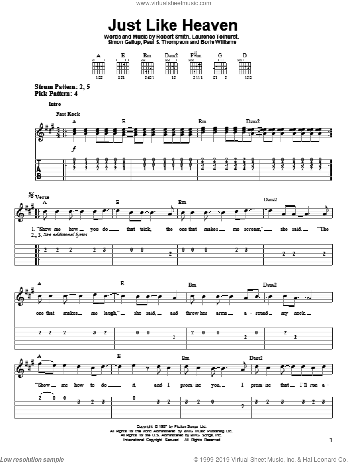 Just Like Heaven sheet music for guitar solo (easy tablature) by The Cure, Boris Williams, Laurence Tolhurst, Paul S. Thompson, Robert Smith and Simon Gallup, easy guitar (easy tablature)