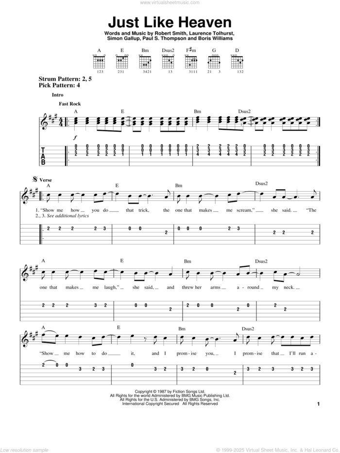 Just Like Heaven sheet music for guitar solo (easy tablature) by The Cure, Boris Williams, Laurence Tolhurst, Paul S. Thompson, Robert Smith and Simon Gallup, easy guitar (easy tablature)