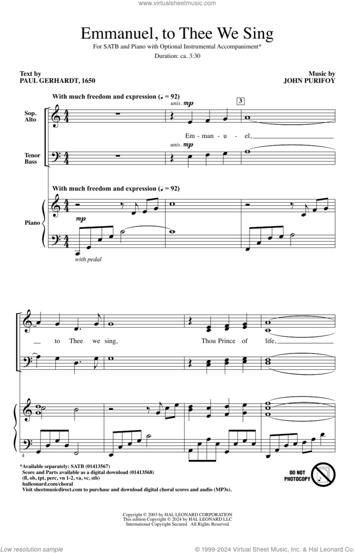 Emmanuel, To Thee We Sing sheet music for choir (SATB: soprano, alto, tenor, bass) by John Purifoy and Paul Gerhardt, intermediate skill level