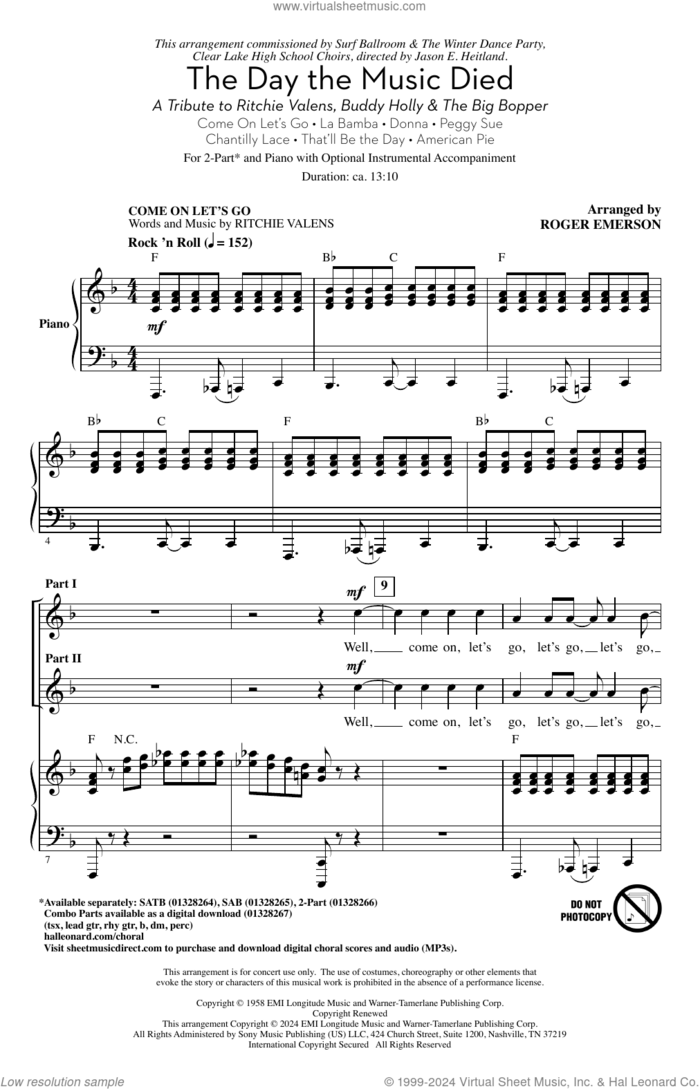 The Day The Music Died sheet music for choir (2-Part) by Roger Emerson, intermediate duet