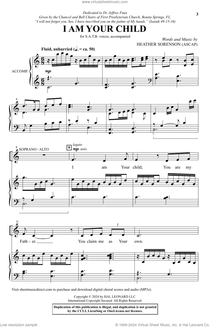 I Am Your Child sheet music for choir (SATB: soprano, alto, tenor, bass) by Heather Sorenson, intermediate skill level