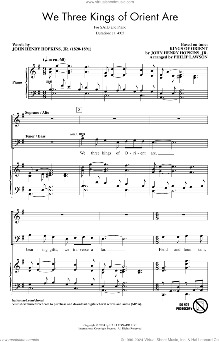 We Three Kings Of Orient Are (arr. Philip Lawson) sheet music for choir (SATB: soprano, alto, tenor, bass) by John H. Hopkins, Jr. and Philip Lawson, intermediate skill level