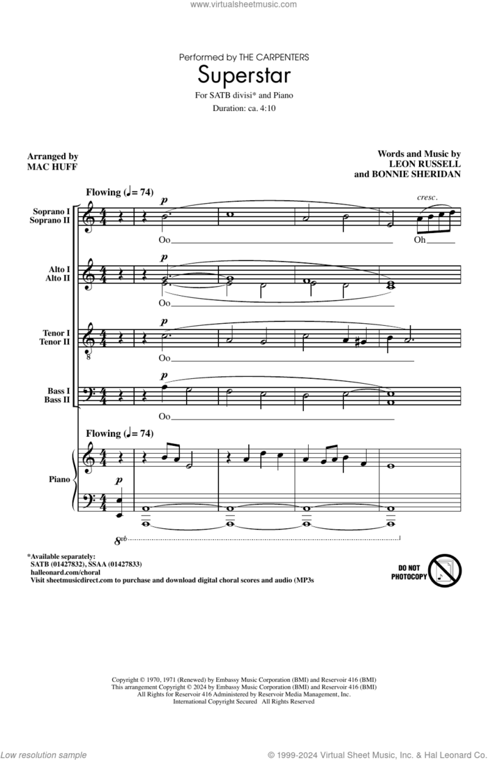 Superstar (arr. Mac Huff) sheet music for choir (SATB Divisi) by Leon Russell, Mac Huff, Carpenters and Bonnie Sheridan, intermediate skill level