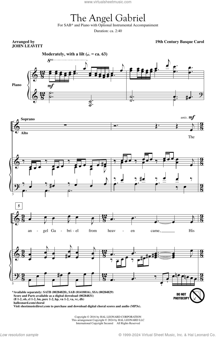 The Angel Gabriel (arr. John Leavitt) sheet music for choir (SAB: soprano, alto, bass) by Anonymous, John Leavitt and 19th Century Basque Carol, intermediate skill level