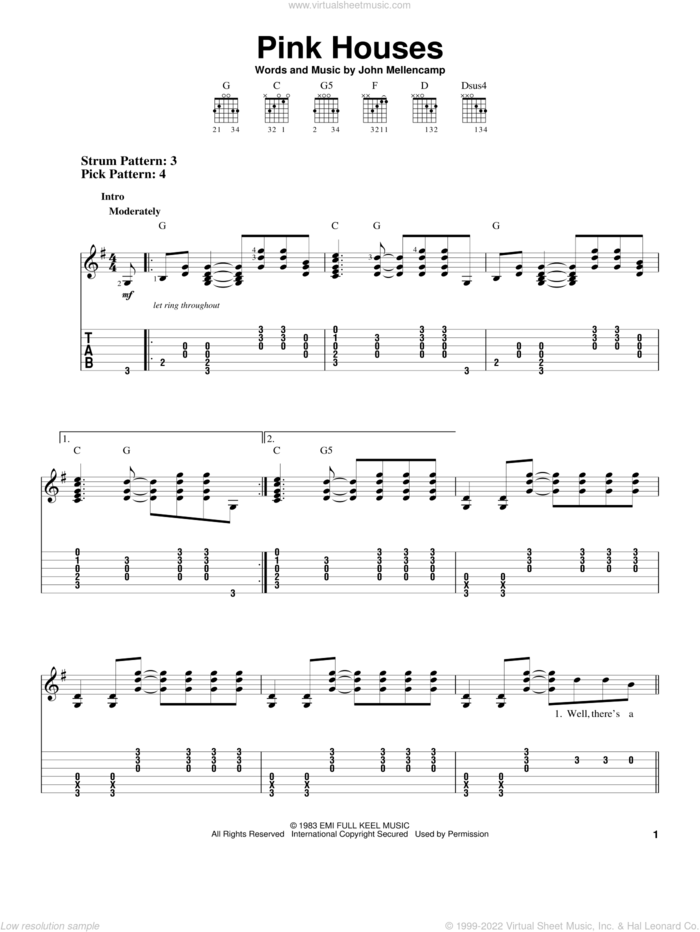 Pink Houses, (easy) sheet music for guitar solo (easy tablature) by John Mellencamp, easy guitar (easy tablature)