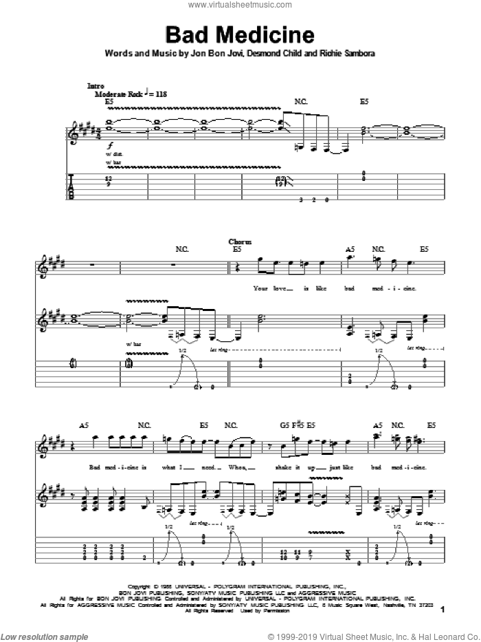 Bad Medicine sheet music for guitar (tablature, play-along) by Bon Jovi, Desmond Child and Richie Sambora, intermediate skill level