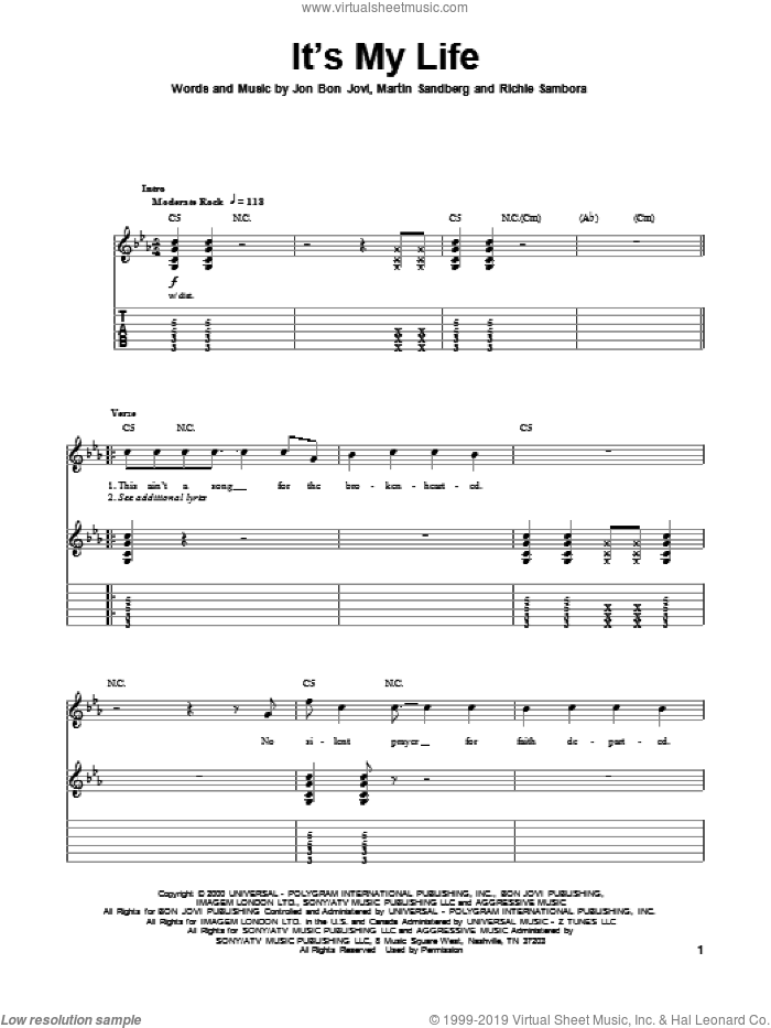 It's My Life sheet music for guitar (tablature, play-along) by Bon Jovi, Martin Sandberg and Richie Sambora, intermediate skill level