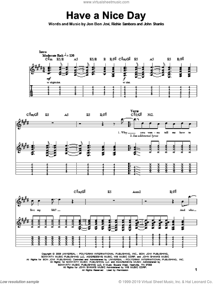 Have A Nice Day sheet music for guitar (tablature, play-along) by Bon Jovi, John Shanks and Richie Sambora, intermediate skill level