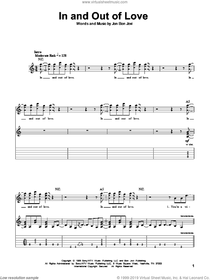In And Out Of Love sheet music for guitar (tablature, play-along) by Bon Jovi, intermediate skill level