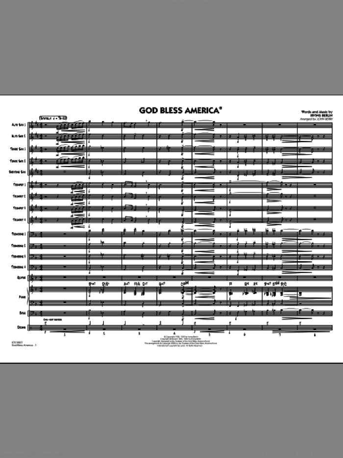 God Bless America (COMPLETE) sheet music for jazz band by Irving Berlin and John Berry, intermediate skill level