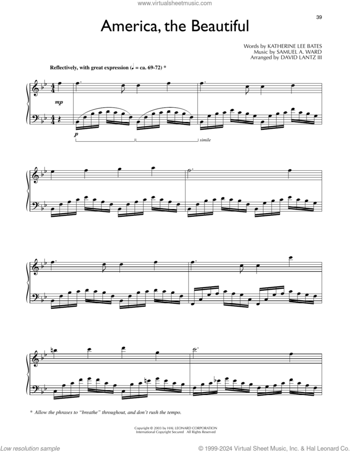 America, The Beautiful (arr. David Lantz III) sheet music for piano solo by Samuel Augustus Ward, David Lanz and Katherine Lee Bates, intermediate skill level