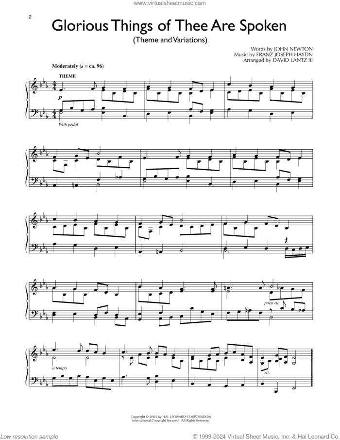 Glorious Things Of Thee Are Spoken (arr. David Lantz III) sheet music for piano solo by Franz Joseph Haydn, David Lanz and John Newton, intermediate skill level