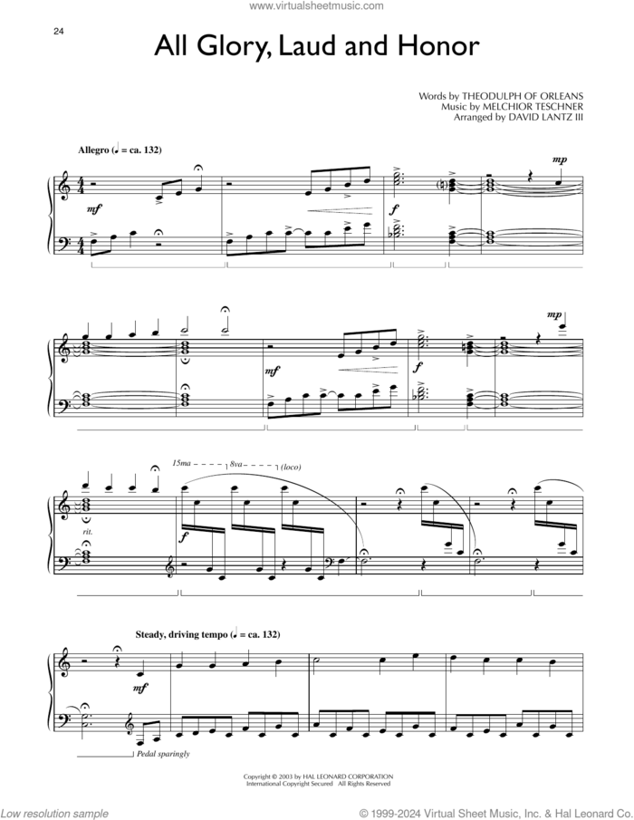 All Glory, Laud And Honor (arr. David Lantz III) sheet music for piano solo by John Mason Neale, David Lanz, Melchior Teschner, Theodulph of Orleans and William Henry Monk, intermediate skill level