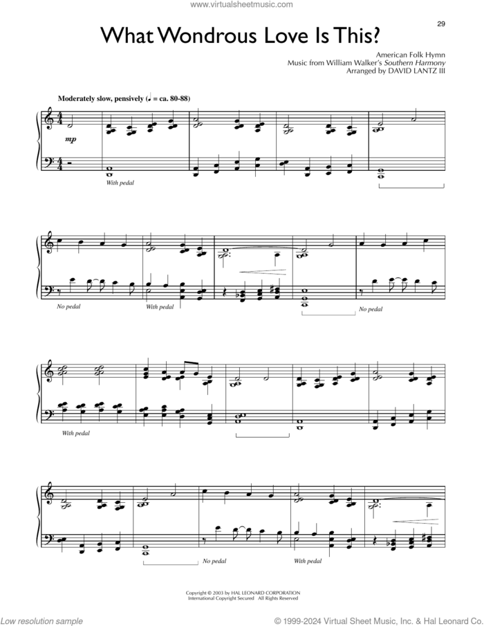 What Wondrous Love Is This (arr. David Lantz III) sheet music for piano solo by Billy Walker, David Lanz, Miscellaneous and Southern Harmony, intermediate skill level