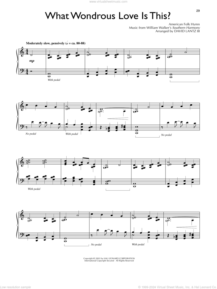 What Wondrous Love Is This (arr. David Lantz III) sheet music for piano solo by Billy Walker, David Lanz, Miscellaneous and Southern Harmony, intermediate skill level