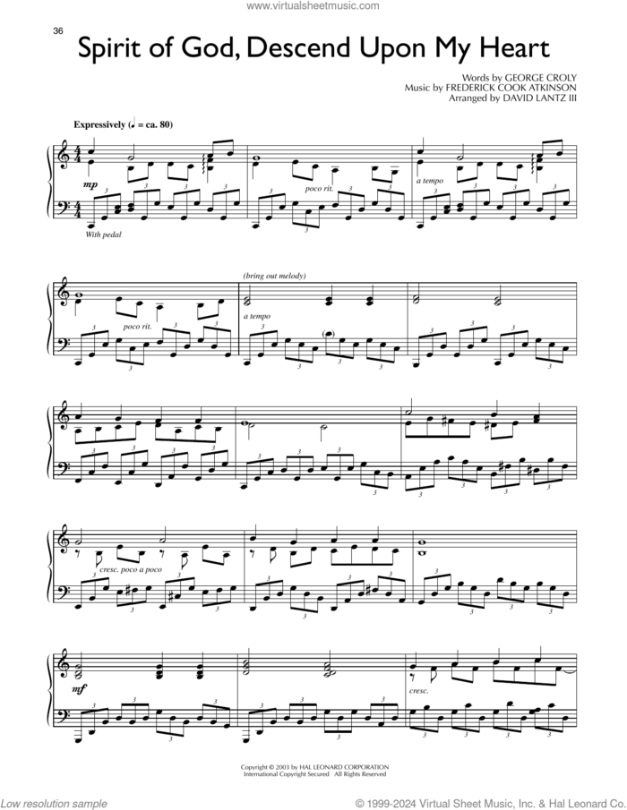 Spirit Of God, Descend Upon My Heart (arr. David Lantz III) sheet music for piano solo by George Croly, David Lanz and Frederick Cook Atkinson, intermediate skill level