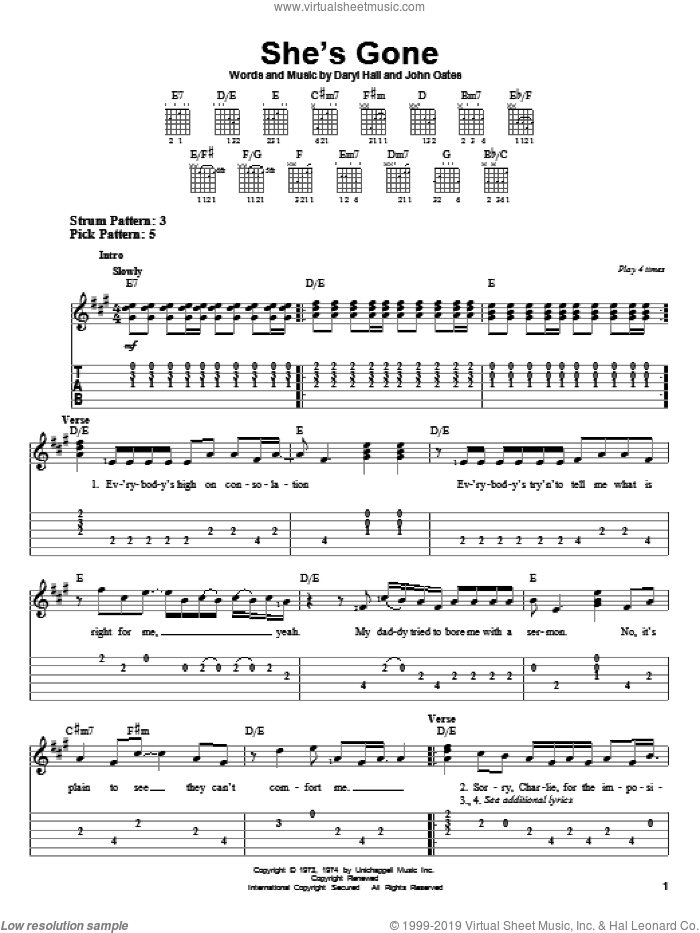 She's Gone sheet music for guitar solo (easy tablature) by Hall and Oates, Daryl Hall and John Oates, easy guitar (easy tablature)
